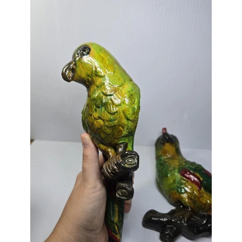 Mid-Century Chalkware Parrot Bird Wall Hanging Sculptures Set Of 2 Tropical Life